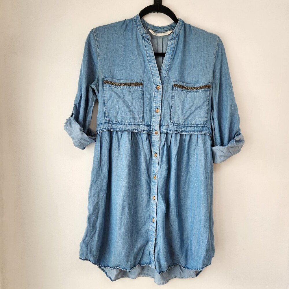 Zara Denim Shirt Dress Blue Chambray Mini Western Rodeo Cowgirl Women's XS